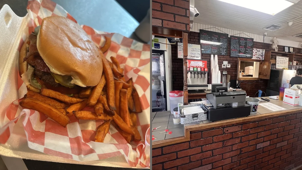 Burger plates on a restaurant table.