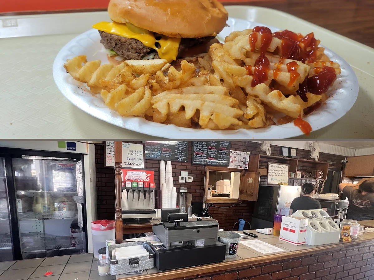 Burger plates on a restaurant table.