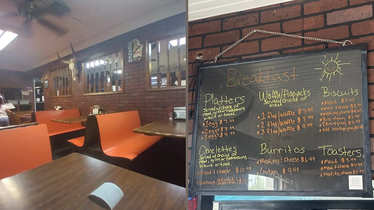 Family-friendly seating inside a burger restaurant.