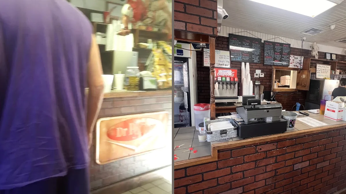 Counter area in a cozy local grill.