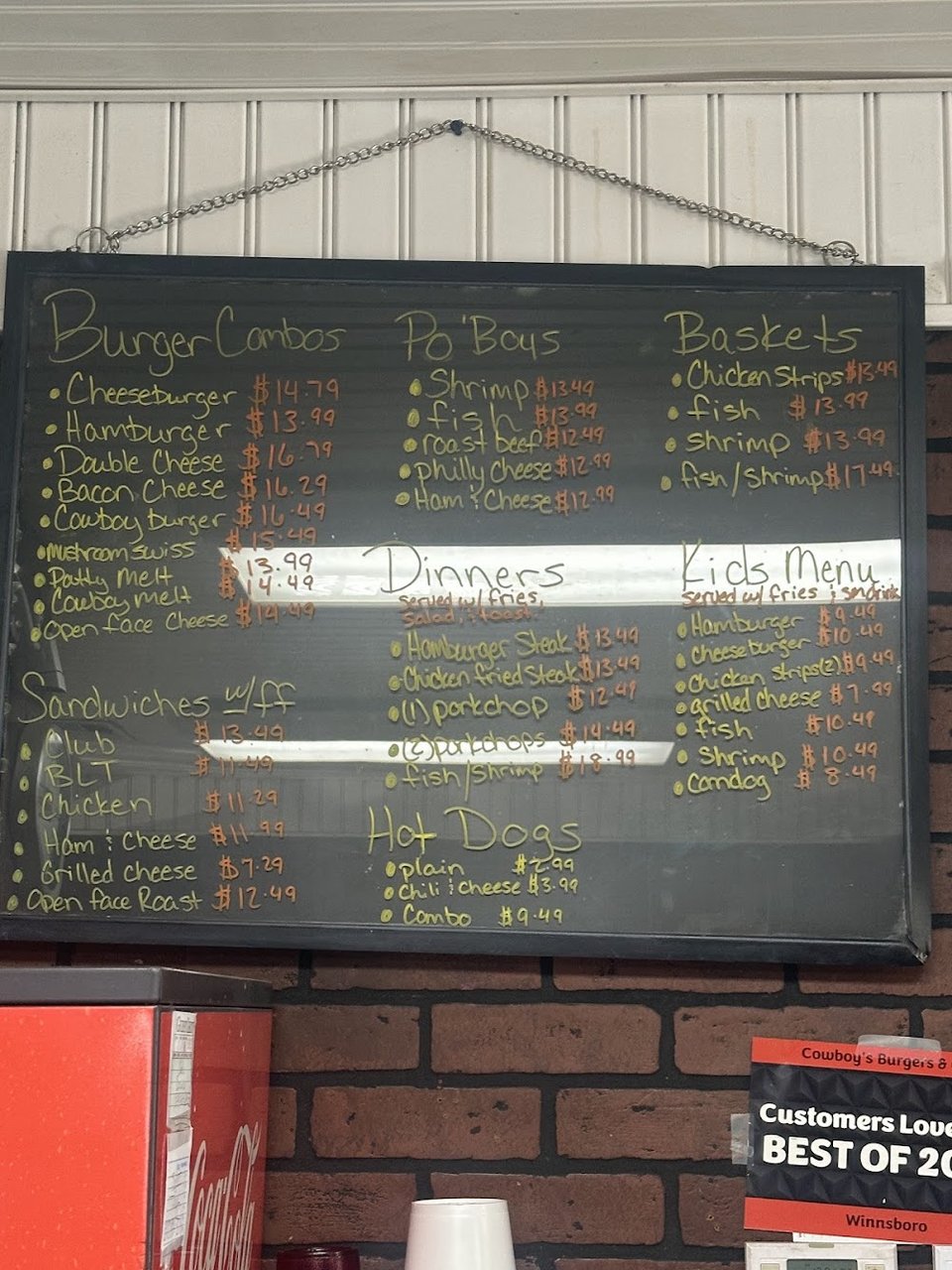 Chicken strips, catfish, and cheeseburger choices.